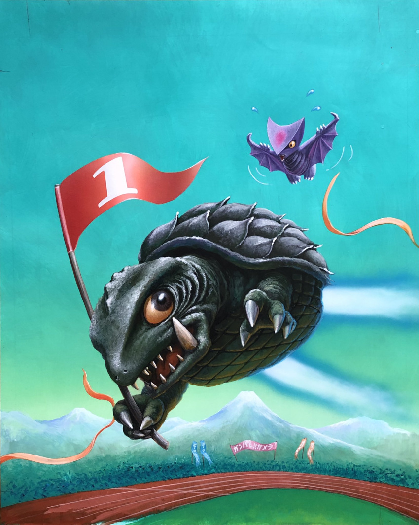 colored_sclera flag flying gamera gamera_(series) gyaos highres holding holding_flag kaijuu looking_back no_humans open_hand open_mouth running_track ryukow_masseau sharp_teeth teeth yellow_sclera