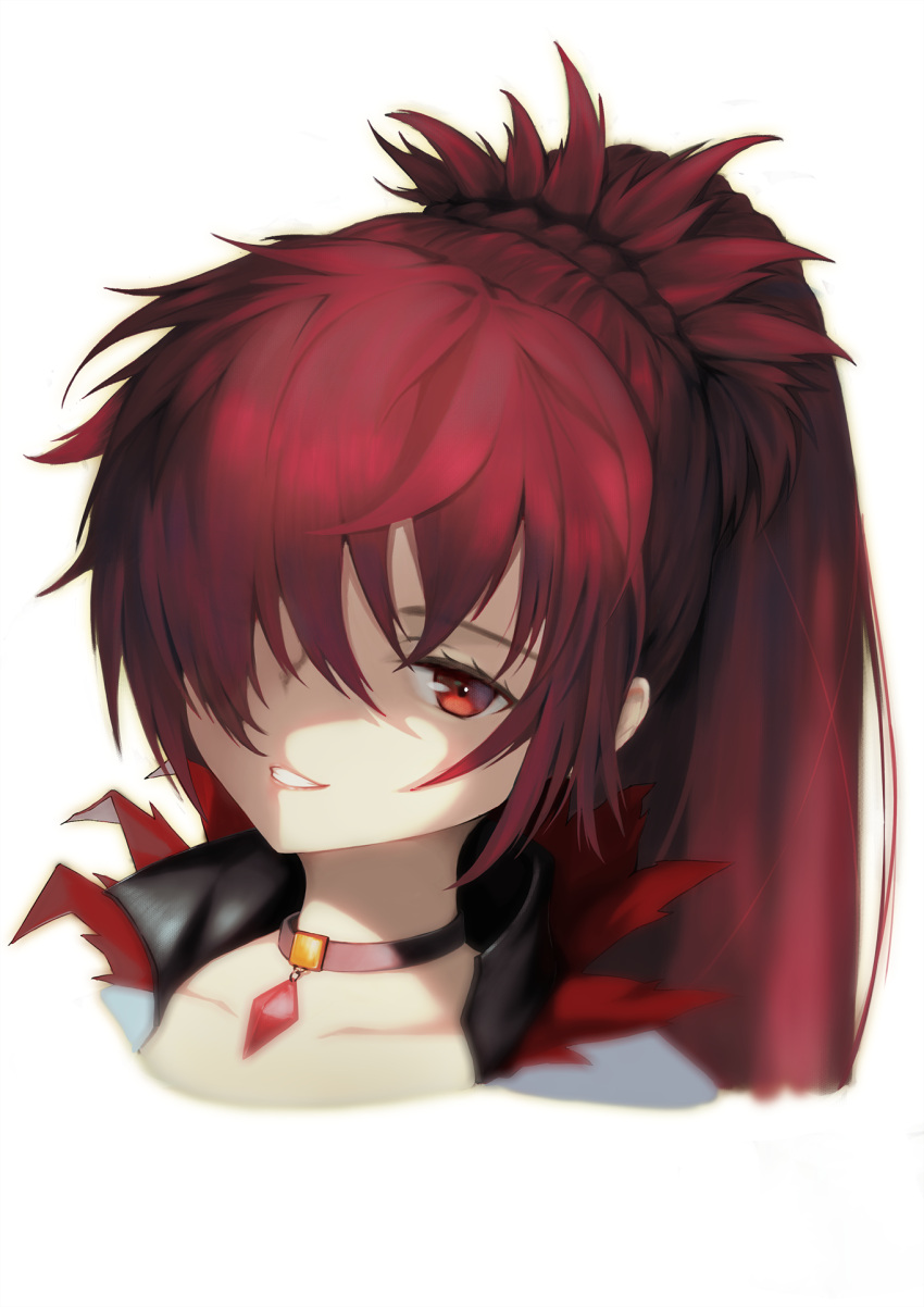 1girl bangs collarbone cropped_torso elesis_(elsword) elsword flame_lord_(elsword) grin hair_between_eyes hair_over_one_eye highres jewelry jiuyue_lin long_hair looking_at_viewer pendant ponytail portrait red_eyes redhead shiny shiny_hair simple_background smile solo white_background