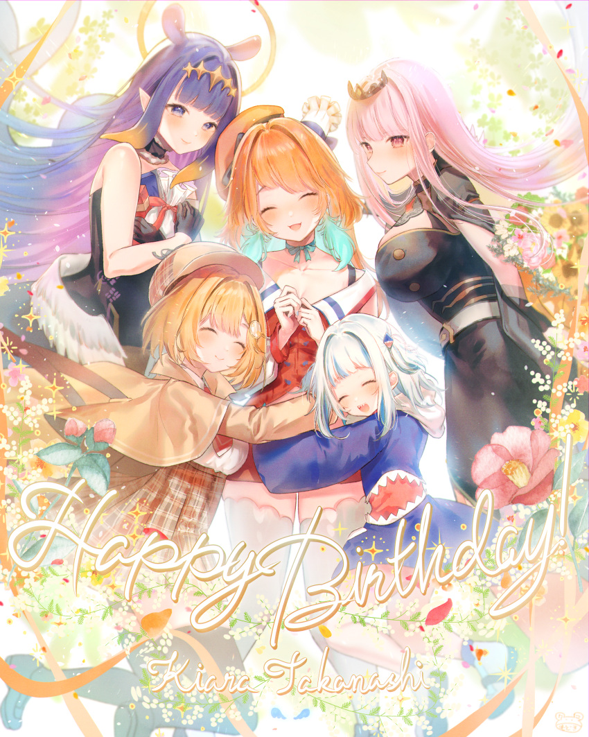 5girls ^_^ ^o^ absurdres bangs beret blonde_hair blue_eyes blue_hair blush braid character_name chef_hat choker closed_eyes dress eyebrows_visible_through_hair flower gawr_gura gloves hair_ornament half_gloves halo happy_birthday hat highres hololive hololive_english holomyth hug huge_filesize jacket long_hair long_sleeves looking_at_viewer modoki_kuma mori_calliope multicolored_hair multiple_girls ninomae_ina'nis open_mouth orange_hair pink_eyes pink_hair pleated_skirt pointy_ears purple_hair ribbon_choker short_hair silver_hair skirt sleeveless smile streaked_hair takanashi_kiara tentacle_hair thigh-highs tiara virtual_youtuber watson_amelia