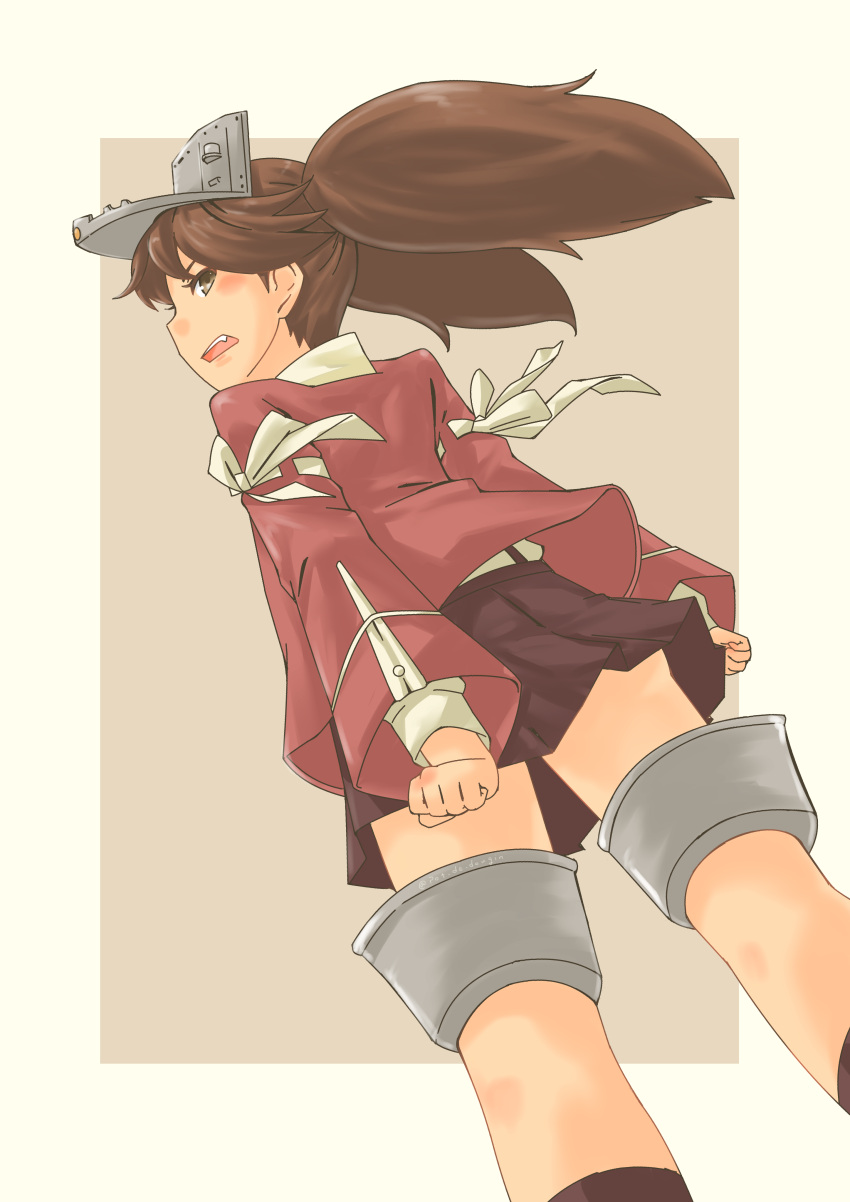 1girl absurdres brown_eyes brown_hair hair_blowing hands_clasped highres kantai_collection looking_at_viewer looking_back open_mouth own_hands_together pot-de rigging ryuujou_(kancolle) simple_background skirt twintails visor_cap