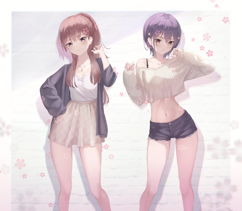 2girls baba_shiori bare_shoulders black_hair black_jacket black_shorts bra_strap brown_hair casual closed_mouth collarbone crop_top crop_top_overhang cutoffs denim denim_shorts expressionless grey_sweater hair_ornament hands_up high-waist_skirt highres jacket jewelry long_hair long_sleeves looking_at_viewer marinesnow midriff miniskirt mizuno_ai multiple_girls navel necklace off-shoulder_sweater off_shoulder open_clothes open_jacket ponytail ribbed_sweater shirt shirt_tucked_in short_hair short_shorts shorts simple_background skirt standing stomach sweater thighs violet_eyes white_background white_shirt white_skirt zombie_land_saga