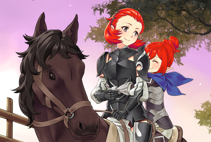 2girls animal armor closed_mouth cute fire_emblem fire_emblem_14 fire_emblem_fates fire_emblem_if hair_bun hairband highres horse horseback_riding human igni_tion intelligent_systems kana_(fire_emblem) kana_(fire_emblem)_(female) mammal manakete mother_and_daughter multiple_girls nintendo redhead riding scarf short_hair shoulder_armor sophie_(fire_emblem) tree