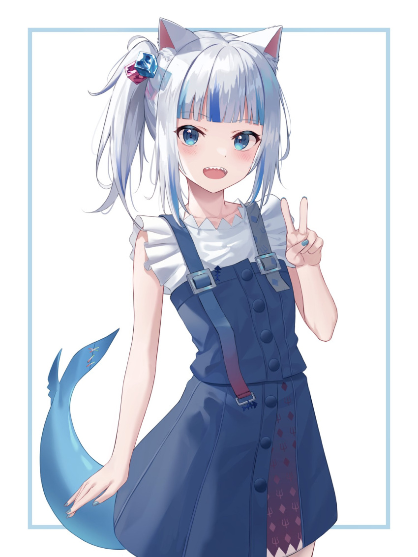 1girl animal_ears bangs blue_dress blue_eyes blue_hair blue_nails blunt_bangs blush cat_ears commentary dress english_commentary fingernails fish_tail gawr_gura hair_ornament highres hololive hololive_english looking_at_viewer multicolored_hair nail_polish open_mouth shands shark_tail sharp_teeth side_ponytail sleeveless solo symbol_commentary tail teeth two-tone_hair upper_teeth v virtual_youtuber white_background white_hair