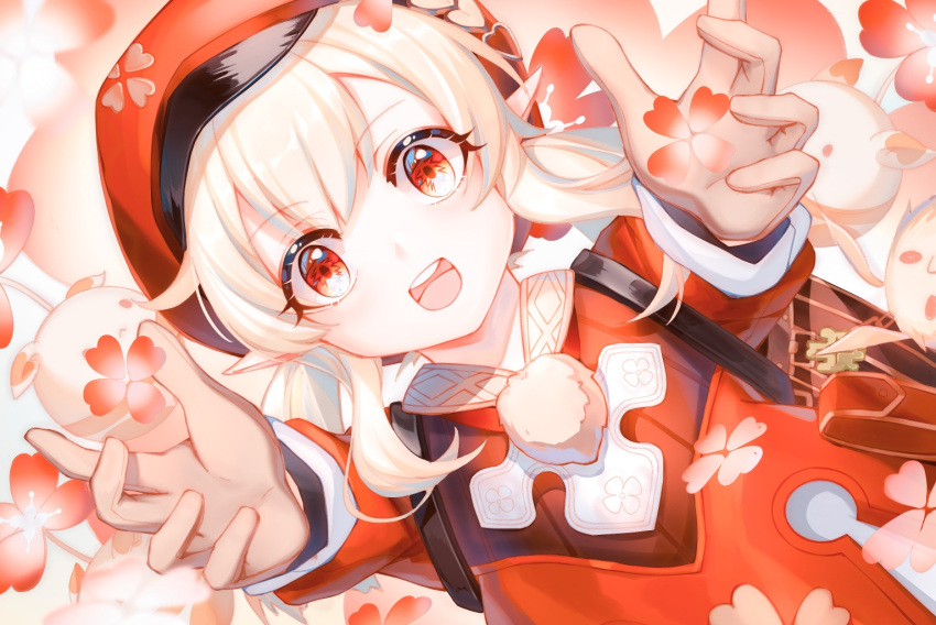 1girl 1other :d bangs cabbie_hat child dress dutch_angle eyebrows_visible_through_hair flat_chest flower foreshortening genshin_impact gloves hat klee_(genshin_impact) long_hair long_sleeves looking_at_viewer open_mouth pointy_ears reaching_out red_dress red_eyes red_headwear smile solo suantan teeth upper_body upper_teeth