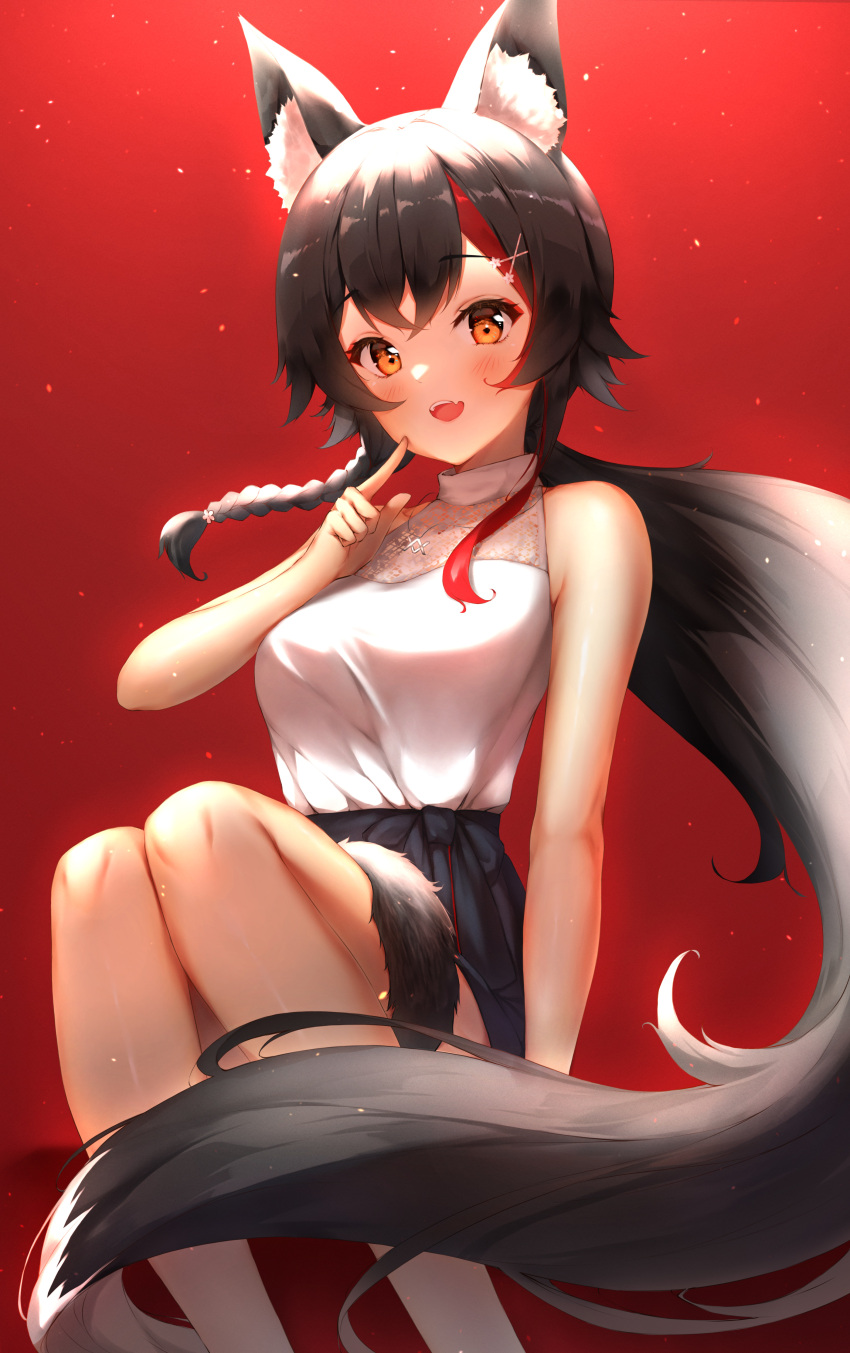 1girl absurdres animal_ear_fluff animal_ears bare_arms bare_legs bare_shoulders black_hair black_skirt braid breasts eyeshadow fang hair_ornament highres hololive ijac_ray long_hair looking_at_viewer low_ponytail makeup medium_breasts miniskirt multicolored_hair ookami_mio open_mouth orange_eyes red_background shirt shirt_tucked_in simple_background skirt sleeveless sleeveless_shirt smile solo streaked_hair tail very_long_hair virtual_youtuber white_shirt wolf_ears wolf_girl wolf_tail x_hair_ornament