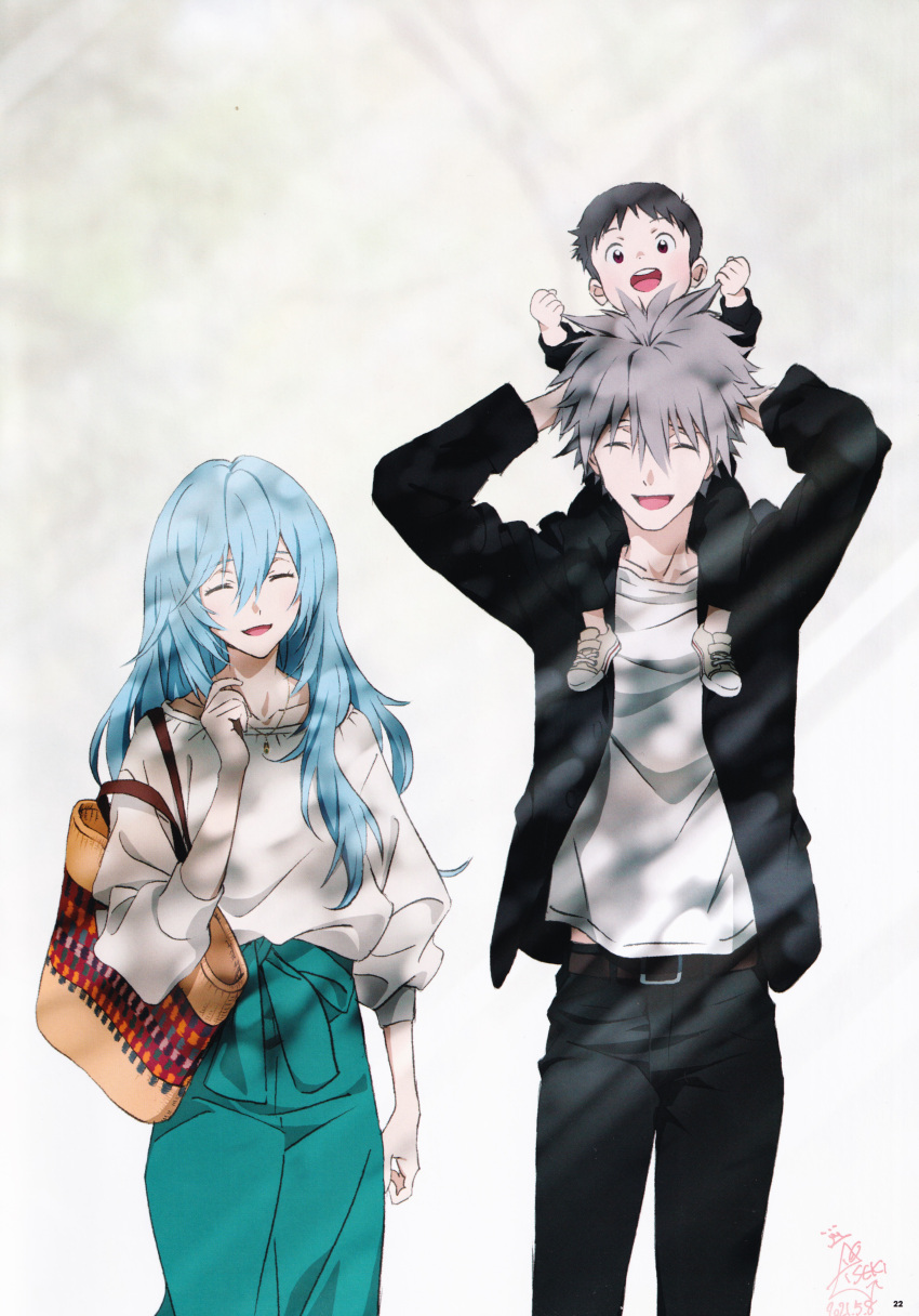 1girl 2021 2boys absurdres alternate_hairstyle artbook ayanami_rei blue_hair child child_carry dated evangelion:_3.0+1.0_thrice_upon_a_time family grey_hair highres ikari_shinji light_rays long_hair multiple_boys nagisa_kaworu neon_genesis_evangelion official_art older page_number rebuild_of_evangelion scan signature younger