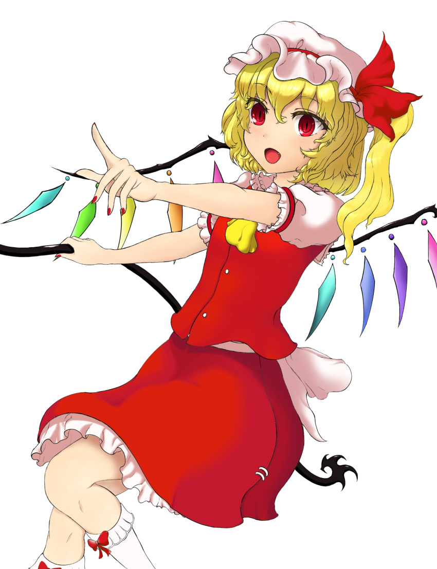 1girl absurdres arms_up bangs blonde_hair bow buttons collar crystal eyebrows_visible_through_hair eyes_visible_through_hair flandre_scarlet hair_between_eyes hands_up hat hat_ribbon highres holding leg_up looking_away multicolored multicolored_wings open_mouth pointing polearm ponytail puffy_short_sleeves puffy_sleeves red_bow red_eyes red_nails red_ribbon red_skirt red_vest ribbon shirt shokabatsuki short_hair short_sleeves simple_background skirt smile socks solo spear standing standing_on_one_leg touhou vest weapon white_background white_bow white_collar white_headwear white_legwear white_shirt white_sleeves wings yellow_neckwear