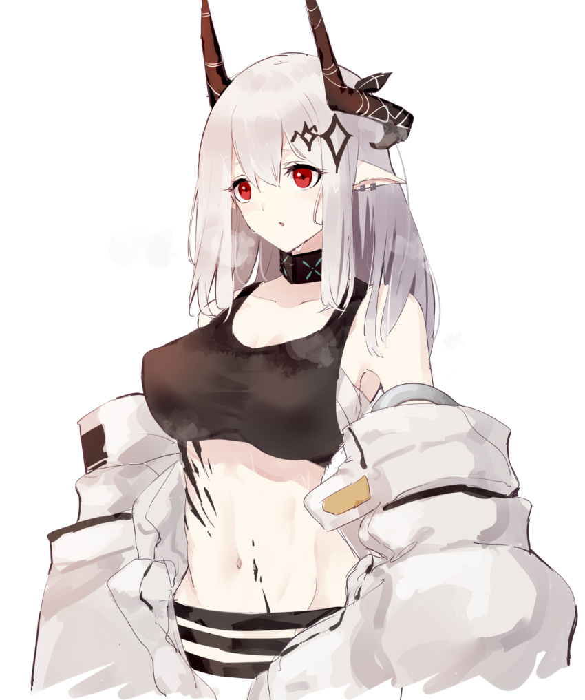 1girl arknights bandages bangs bare_shoulders black_choker breasts choker collarbone commentary_request covered_nipples crop_top ear_piercing highres horns infection_monitor_(arknights) jacket large_breasts long_hair long_sleeves looking_away midriff mudrock_(arknights) navel off_shoulder open_clothes open_jacket oripathy_lesion_(arknights) piercing pointy_ears red_eyes sarashi silver_hair solo sports_bra stomach sutaa_dasuto-kun sweat upper_body