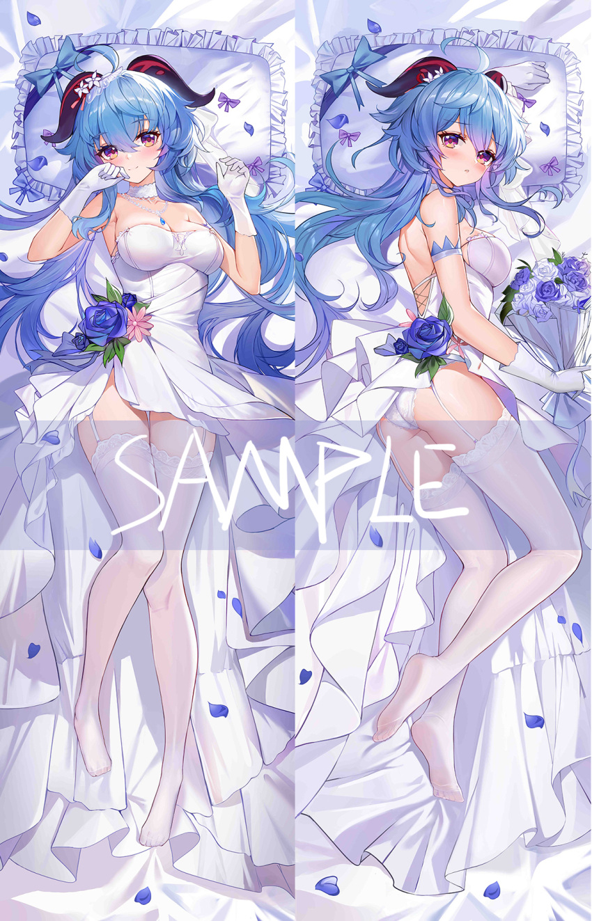 1girl ahoge arm_up bangs bare_shoulders bed blue_hair blush bouquet bow breasts chinese_commentary closed_mouth commentary_request dakimakura_(medium) dress eyebrows_visible_through_hair flower frilled_pillow frills full_body ganyu_(genshin_impact) garter_straps genshin_impact gloves goat_horns hands_up highres holding holding_bouquet horns long_hair looking_at_viewer lying medium_breasts multicolored multicolored_eyes multiple_views no_shoes on_back on_bed on_side panties parted_lips petals pillow purple_bow purple_flower purple_rose rose sleeveless sleeveless_dress smile strapless strapless_dress thigh-highs underwear violet_eyes white_dress white_gloves white_legwear white_panties yellow_eyes yi_(saver5607)