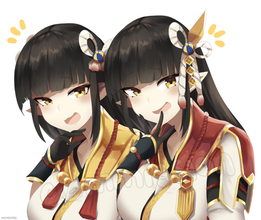 2girls black_hair blush breasts gloves hinoa japanese_clothes kimono long_hair minoto monomogi monster_hunter monster_hunter_(series) monster_hunter_rise pointy_ears siblings twins