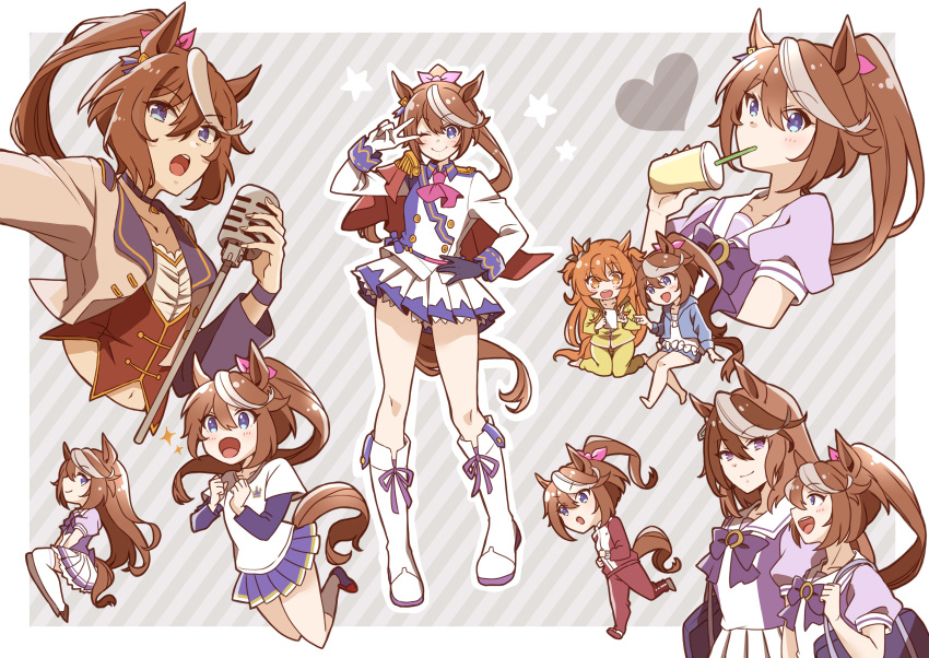 3girls absurdres animal_ears ascot bag black_gloves blue_eyes blue_jacket blue_skirt boots bow bowtie brown_footwear brown_hair buttons capelet double-breasted drinking_straw ear_bow ear_piercing enonko epaulettes frilled_skirt frills gloves hair_bow hair_flaps hand_on_hip high_ponytail highres horse_ears horse_girl horse_tail horseshoe_ornament jacket knee_boots layered_sleeves long_hair long_sleeves mayano_top_gun_(umamusume) microphone midriff miniskirt mismatched_gloves multicolored_hair multiple_girls multiple_views music navel one_eye_closed orange_eyes orange_hair outside_border piercing pink_bow pink_headwear pink_neckwear pleated_skirt puffy_short_sleeves puffy_sleeves purple_bow purple_neckwear purple_shirt red_capelet sailor_collar sailor_shirt school_bag school_uniform shirt short_over_long_sleeves short_sleeves singing single_epaulette skirt streaked_hair symboli_rudolf_(umamusume) tail thigh-highs tokai_teio_(umamusume) tracen_school_uniform track_suit twintails two-tone_hair two-tone_jacket two-tone_skirt two_side_up umamusume v violet_eyes white_footwear white_gloves white_hair white_jacket white_legwear white_skirt