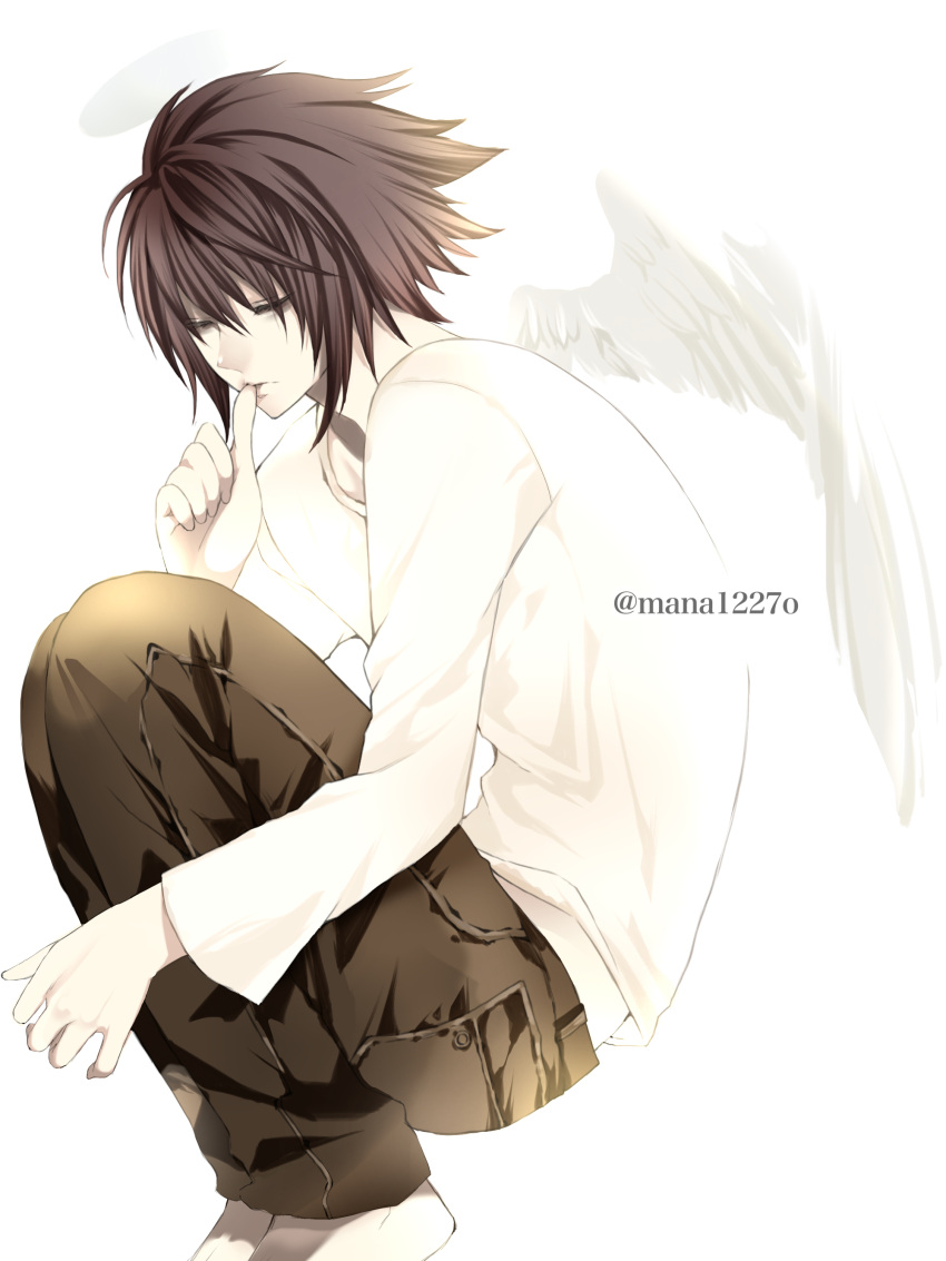 1boy absurdres angel_wings bangs black_hair brown_pants closed_eyes death_note feathered_wings from_side hair_between_eyes highres kamiyamana l_(death_note) long_sleeves male_focus medium_hair pants shirt simple_background single_wing solo spiky_hair thumb_to_mouth twitter_username white_background white_shirt white_wings wings