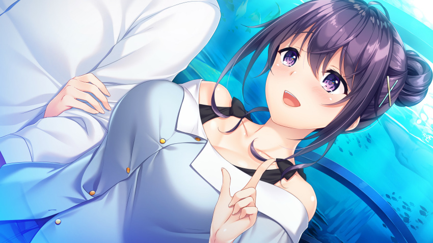 1boy 1girl aquarium aquarium_tunnel ayase_hazuki black_eyes black_hair blue_shirt fish game_cg hair_bun hair_ornament highres holding_another's_arm long_sleeves official_art pointing pointing_up sakurazaka_yuzuki shirt smile white_shirt yubisaki_connection