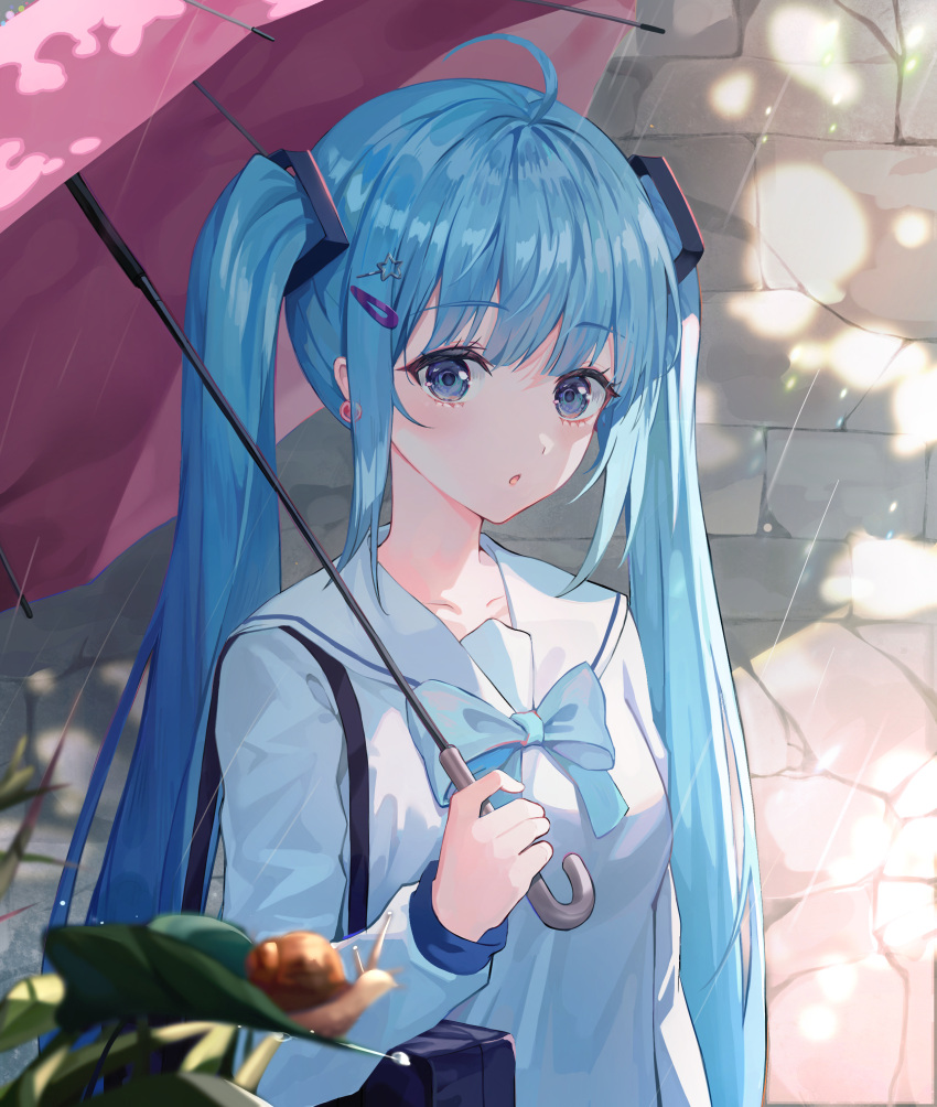 1girl :o absurdres ahoge animal bag blue_bow blue_eyes blue_hair blush bow breasts commentary dappled_sunlight day earrings hair_ornament hairclip hatsune_miku highres holding holding_umbrella jewelry long_hair long_sleeves looking_at_viewer open_mouth outdoors rain romaji_commentary sailor_collar school_bag school_uniform serafuku shirt small_breasts snail solo star_(symbol) star_hair_ornament stone_wall sunlight tanchobee twintails umbrella upper_body very_long_hair vocaloid wall white_sailor_collar white_shirt