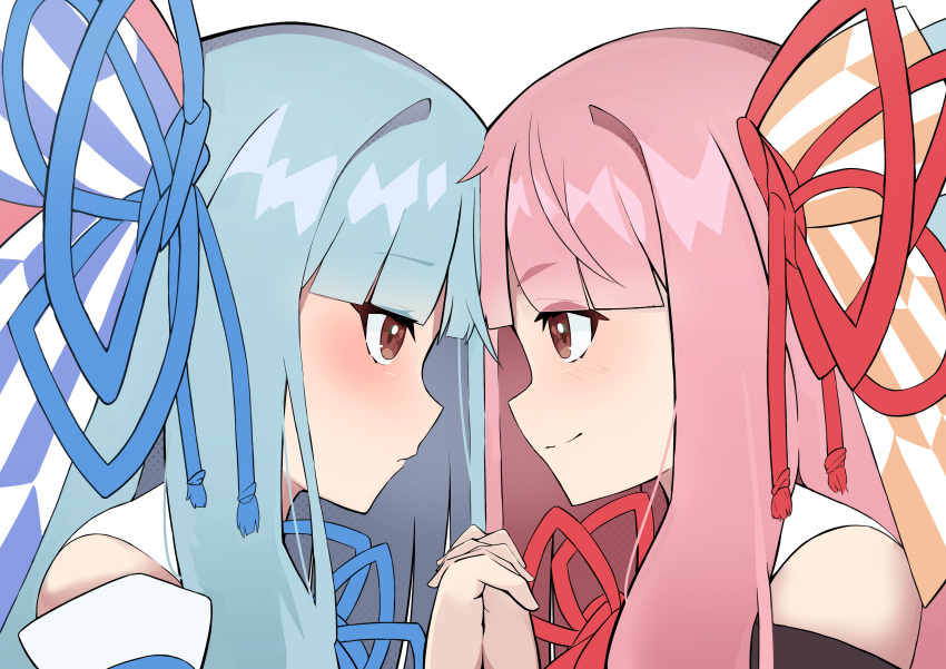 2girls absurdres bangs bare_shoulders black_sleeves blue_ribbon blue_sleeves blunt_bangs blush brown_eyes collar commentary detached_sleeves forehead-to-forehead hair_ribbon highres holding_hands incest kashisuover kotonoha_akane kotonoha_aoi light_blue_hair long_hair pink_hair red_ribbon ribbon siblings sisters smile upper_body voiceroid white_background white_collar yuri