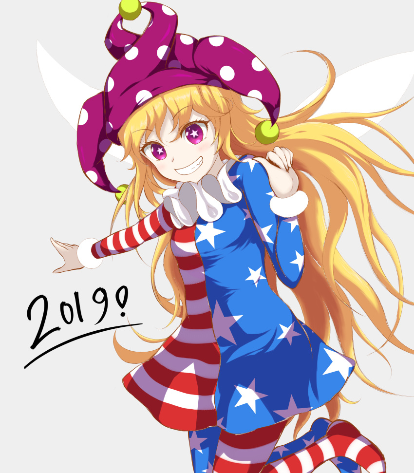 +_+ 1girl absurdres american_flag_dress american_flag_legwear arm_up bangs blonde_hair blue_dress blue_pants blue_sleeves clownpiece dress eyebrows_visible_through_hair fairy_wings grey_background hair_between_eyes hands_up hat highres jester_cap jumping long_hair long_sleeves looking_at_viewer multicolored multicolored_clothes multicolored_dress multicolored_pants no_shoes pants pink_eyes pink_headwear red_dress red_pants red_sleeves shokabatsuki simple_background smile solo star_(symbol) star_print striped striped_dress striped_pants teeth touhou white_dress white_pants white_sleeves wings