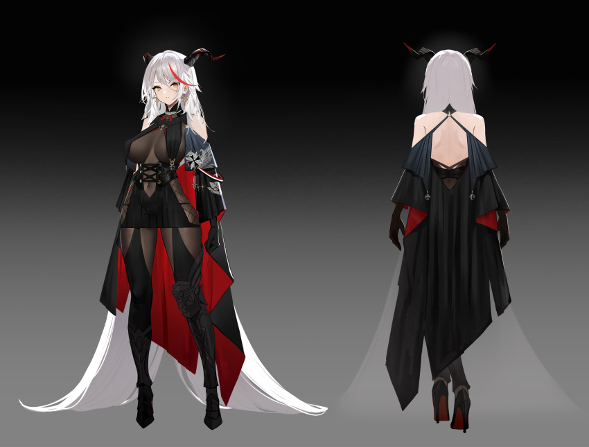 1girl absurdly_long_hair absurdres aegir_(azur_lane) ass azur_lane bare_back bare_shoulders black_cape black_footwear black_gloves bodystocking boots breast_curtains breasts cape character_sheet covered_navel demon_girl demon_horns earrings gloves high_heel_boots high_heels highres horns iron_cross jewelry knee_boots large_breasts long_hair multiple_views redhead skindentation thigh_gap thong uneven_footwear very_long_hair white_hair yellow_eyes yunsang