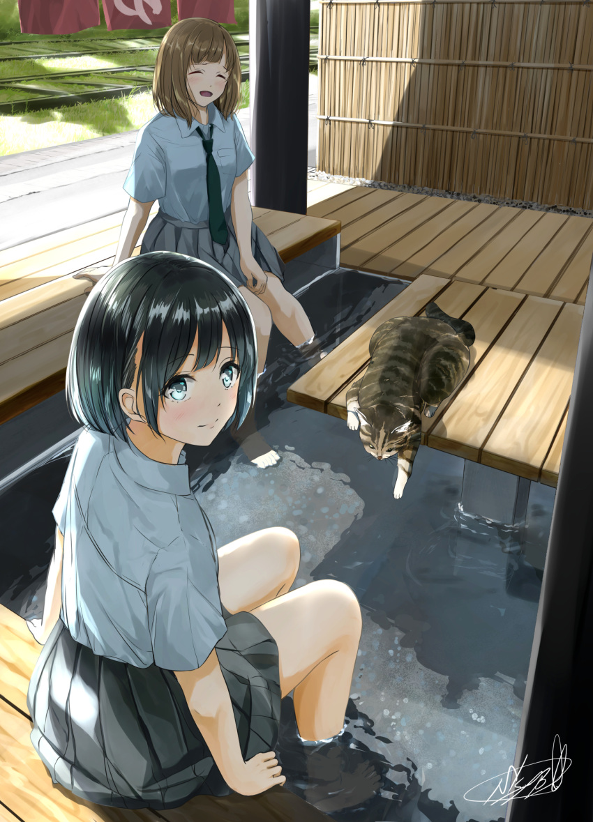 2girls ashiyu bamboo_screen black_hair black_neckwear blue_eyes blue_shirt blue_skirt breasts brown_hair cat closed_eyes commentary_request day from_above from_behind grass highres looking_at_viewer looking_back loose_necktie multiple_girls necktie open_mouth original outdoors pleated_skirt railroad_tracks school_uniform shirt short_hair short_sleeves signature sitting skirt small_breasts smile soaking_feet soragane_(banisinngurei) summer train_station