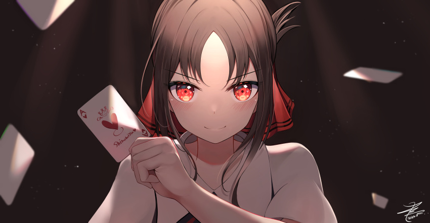 1girl absurdres bangs brown_hair character_name closed_mouth eyebrows_visible_through_hair highres holding kaguya-sama_wa_kokurasetai_~tensai-tachi_no_renai_zunousen~ looking_at_viewer machin4719 parted_bangs red_eyes school_uniform shinomiya_kaguya short_hair short_sleeves shuuchiin_academy_uniform smile solo summer_uniform upper_body v-shaped_eyebrows