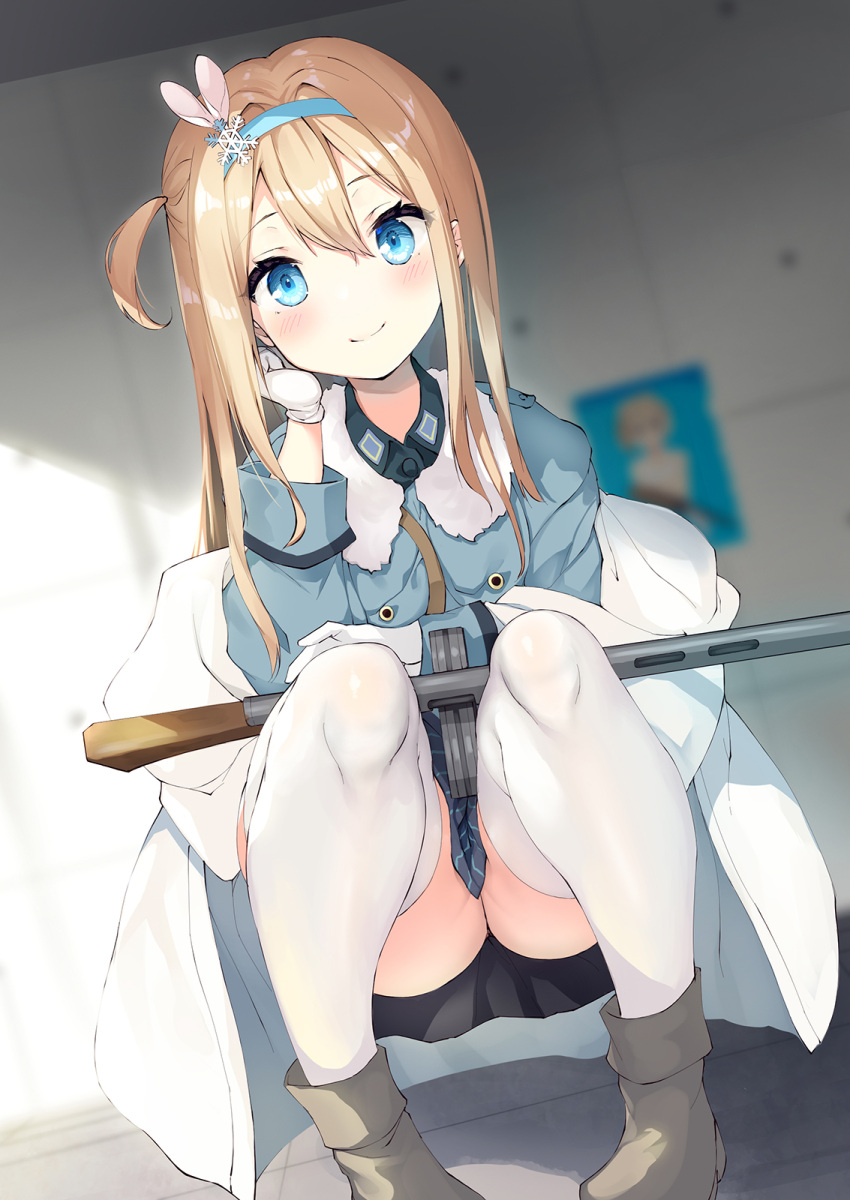 1girl bangs black_shirt black_skirt blonde_hair blue_eyes blue_hairband blue_jacket blurry blurry_background blush boots brown_footwear collared_shirt commentary_request depth_of_field dress_shirt dutch_angle eyebrows_visible_through_hair fur-trimmed_jacket fur_trim girls_frontline gun hair_between_eyes hair_ornament hairband highres indoors jacket knees_up long_hair ochinsama off_shoulder one_side_up pleated_skirt shirt skirt snowflake_hair_ornament solo squatting submachine_gun suomi_(girls_frontline) suomi_kp/-31 thigh-highs thighhighs_under_boots very_long_hair weapon white_jacket white_legwear
