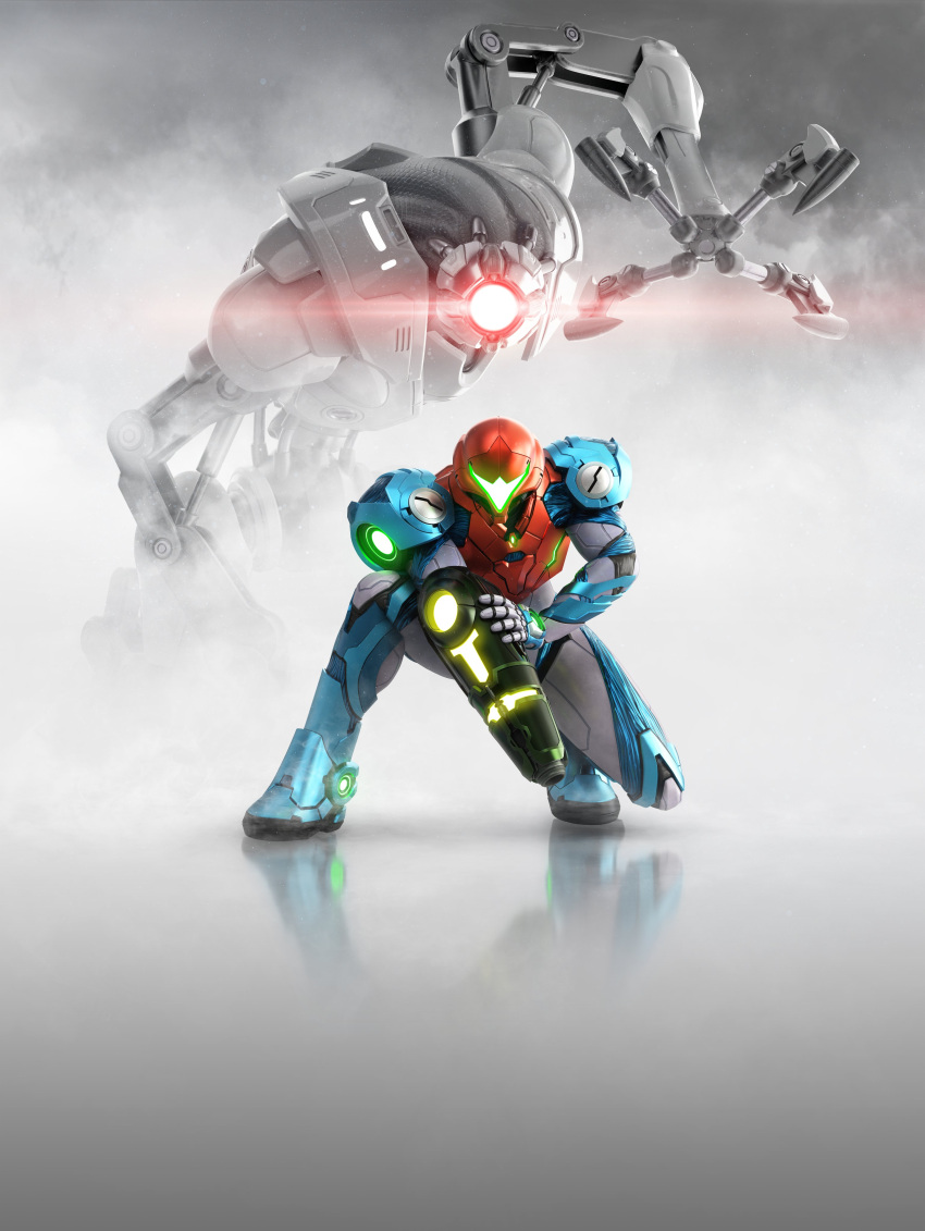 1girl 3d absurdres arm_cannon armor body_armor commentary e.m.m.i._(metroid) full_body glowing glowing_eye helmet highres joints kneeling metroid metroid_dread neon_trim official_art power_armor reflection robot robot_joints samus_aran science_fiction shoulder_armor simple_background visor_cap weapon