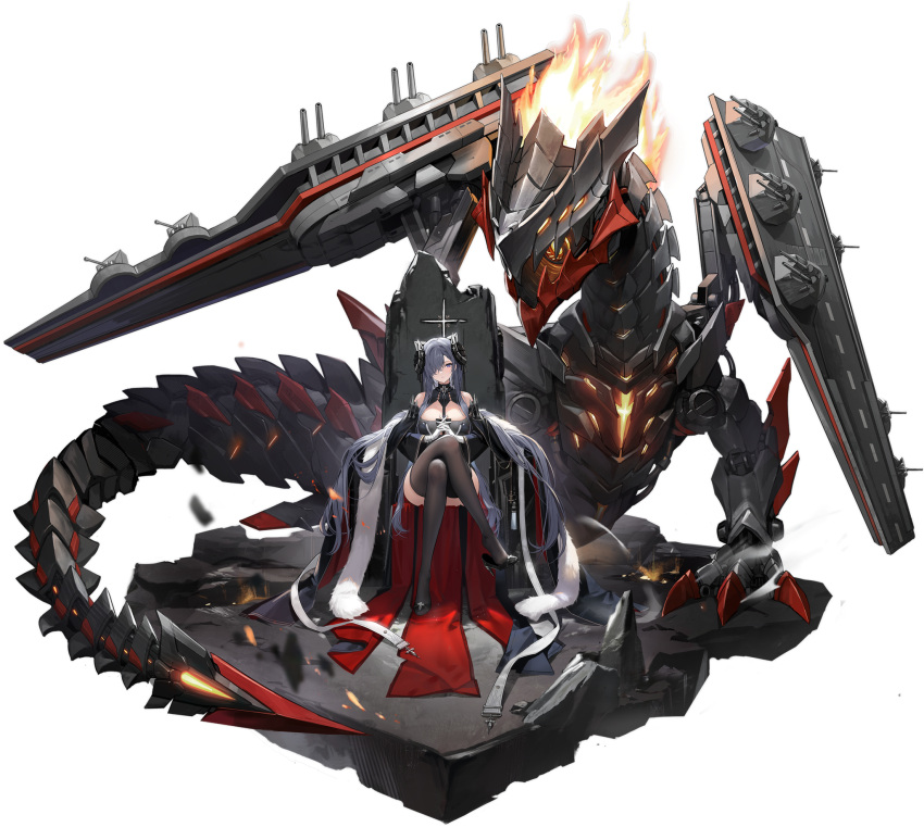 1girl august_von_parseval_(azur_lane) azur_lane bare_shoulders black_footwear black_legwear breasts cleavage_cutout clothing_cutout cross crossed_fingers crossed_legs fur_trim gloves grey_hair hair_ornament high_heels highres large_breasts long_hair looking_at_viewer machinery official_art one_eye_covered rigging sitting soaryuna thigh-highs throne transparent_background white_gloves world_of_warships