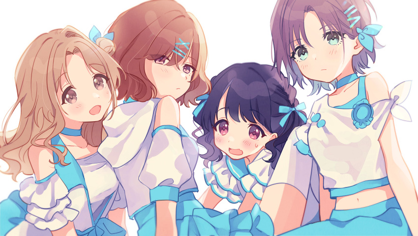 4girls asakura_tooru bare_shoulders black_hair blouse blue_hair blue_ribbon blue_skirt brown_eyes brown_hair fang fukumaru_koito gradient_hair hair_bun hair_ornament hair_ribbon hairclip highres higuchi_madoka ichikawa_hinana idolmaster idolmaster_shiny_colors long_hair looking_at_viewer mameyanagi midriff multicolored_hair multiple_girls navel noctchill_(idolmaster) open_mouth ribbon short_hair side_bun skin_fang skirt sweatdrop twintails violet_eyes white_background white_blouse