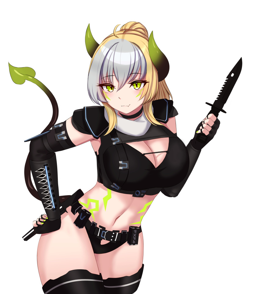 absurdres animal_ears ass black_legwear blonde_hair breasts commission demon demon_girl demon_horns demon_tail female from_side front_view full_body fxf4 green_eyes highres horns huge_ass kanta_(kanta_077) long_hair looking_at_viewer multicolored_hair neon_green original ponytail sideboob smile solo streaked_hair tail tattoo thigh-highs transparent_background white_hair