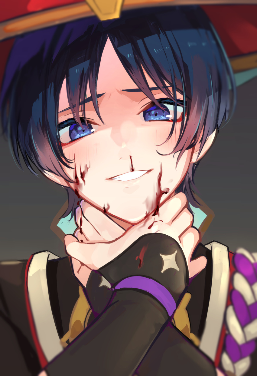 1boy absurdres bangs black_gloves blood blood_on_face blue_eyes blue_hair blush fingerless_gloves genshin_impact gloves goroo_(eneosu) grey_background hands_on_own_neck hat highres ichimegasa looking_at_viewer male_focus scaramouche_(genshin_impact) simple_background smile solo upper_body