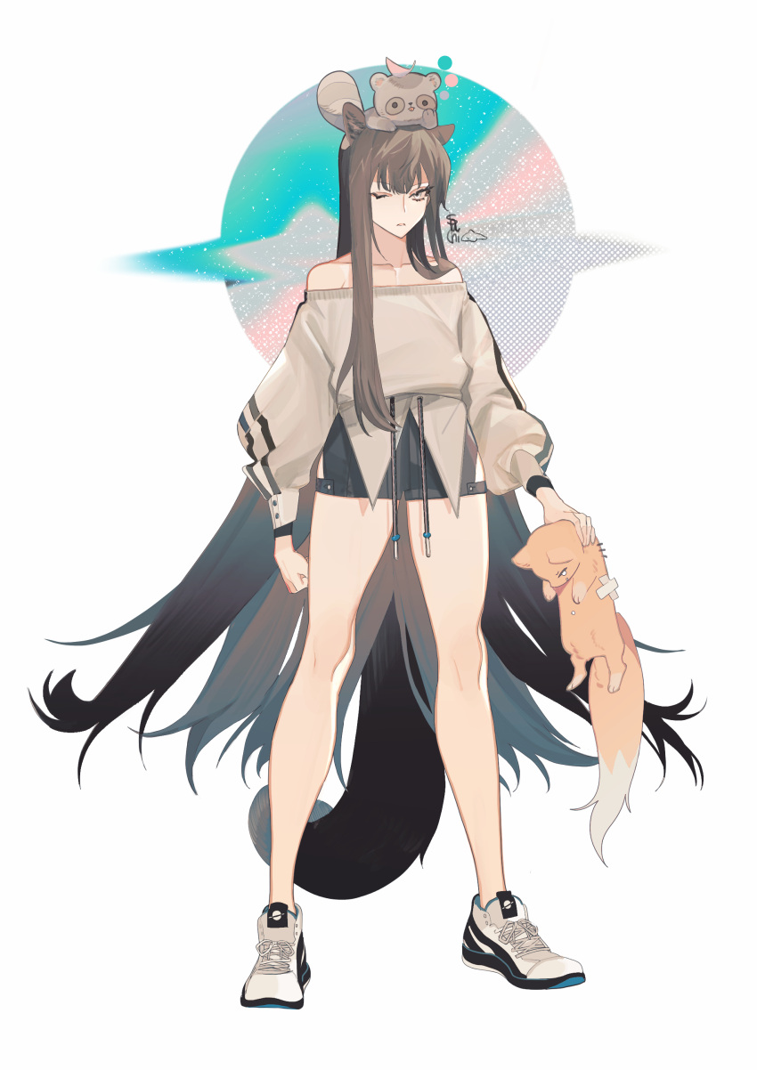 1girl absurdres animal animal_ears animal_on_head b0rzzz0i bangs bare_legs black_shorts brown_eyes brown_hair collarbone commentary_request eyebrows_visible_through_hair fox full_body highres holding holding_animal jacket long_hair long_sleeves looking_at_viewer off-shoulder_jacket off_shoulder on_head one_eye_closed original parted_lips planet shoes shorts sneakers solo standing tail tanuki very_long_hair white_background white_footwear white_jacket