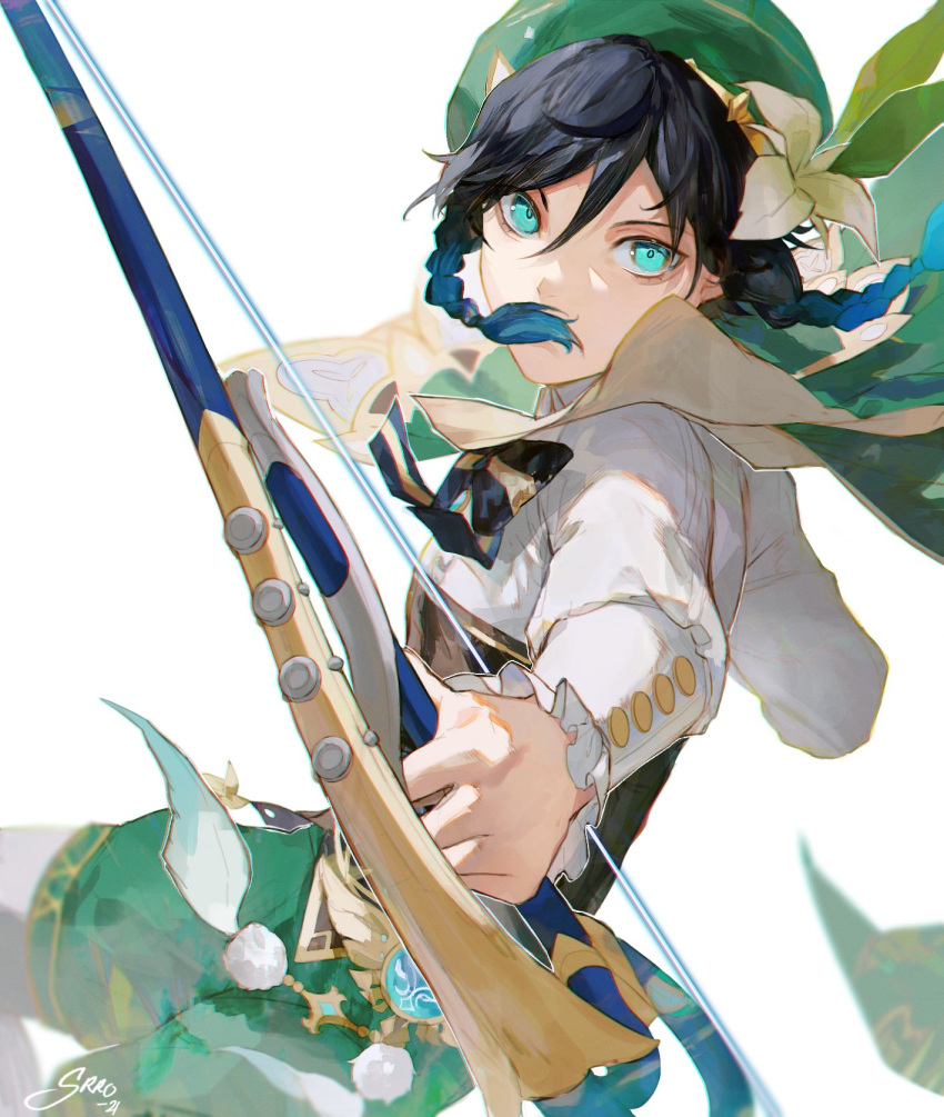 1boy androgynous bangs beret black_hair blue_hair bow bow_(weapon) braid brooch collared_cape collared_shirt commentary corset covered_mouth feathers flower frilled_sleeves frills genshin_impact gradient_hair green_eyes green_headwear green_shorts hair_over_mouth hat hat_flower highres holding holding_bow_(weapon) holding_weapon jewelry leaf long_sleeves looking_at_viewer male_focus multicolored_hair pantyhose pinwheel shirt short_hair_with_long_locks shorts sidelocks simple_background solo srro_yo twin_braids venti_(genshin_impact) vision_(genshin_impact) weapon white_background white_flower white_shirt