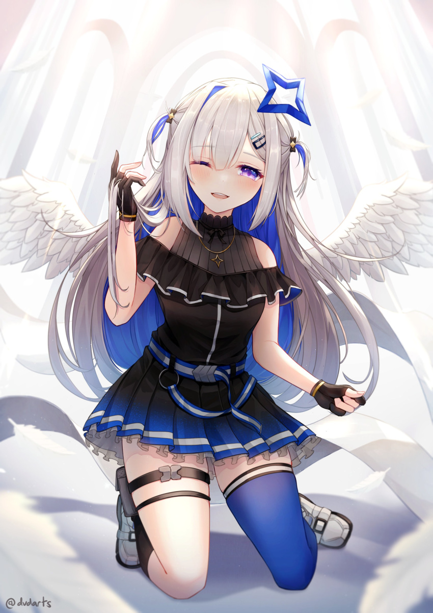 1girl absurdres amane_kanata angel_wings arch belt black_gloves blue_hair blurry cathedral colored_inner_hair depth_of_field dress dvdarts eyelashes feathers fingernails gloves gold_necklace hair_flowing_over hair_ornament hairclip hand_up highres holding holding_hair hololive jewelry kneeling long_hair looking_at_viewer multicolored_hair necklace one_eye_closed open_mouth partially_fingerless_gloves silver_hair single_thighhigh sleeveless sleeveless_dress smile solo thigh-highs thigh_pouch thigh_strap twitter_username two-tone_hair two_side_up very_long_hair violet_eyes virtual_youtuber white_wings wings