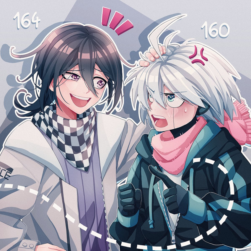 2boys :d ahoge alternate_costume anger_vein bangs black_hair black_jacket blush checkered checkered_neckwear checkered_scarf cheer_(cheerkitty14) clenched_hand dangan_ronpa_(series) dangan_ronpa_v3:_killing_harmony eye_contact gloves green_jacket grey_eyes grey_hair grey_jacket headpat highres jacket keebo looking_at_another male_focus multiple_boys notice_lines number open_clothes open_jacket open_mouth ouma_kokichi pink_scarf pointing_at_another scarf shirt smile sweatdrop two-tone_jacket upper_body upper_teeth white_shirt