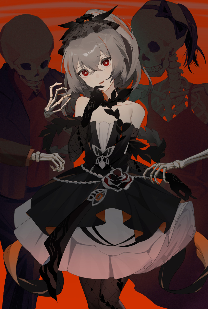 1girl :d absurdres bangs bare_shoulders black_dress black_gloves bronya_zaychik bronya_zaychik_(black_nucleus) dress drill_hair elbow_gloves formal gloves grey_eyes grey_hair hair_between_eyes hair_ornament hand_on_own_chin hand_on_own_face highres honkai_(series) honkai_impact_3rd kuo_(kuo114514) leggings looking_at_viewer open_mouth red_eyes skeleton smile solo