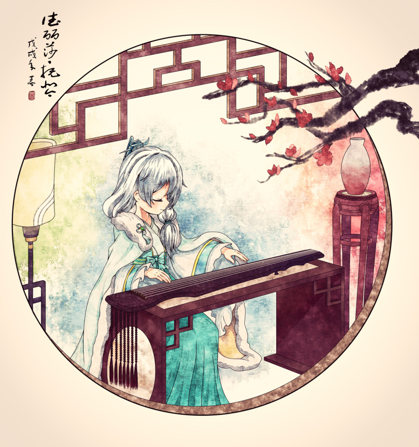1girl bangs chinese_clothes closed_eyes closed_mouth commentary_request guzheng hair_ornament highres honkai_(series) honkai_impact_3rd instrument lamp long_hair music playing_instrument pomo910 side_ponytail sitting smile solo table theresa_apocalypse theresa_apocalypse_(starlit_astrologos) tree vase white_hair window zhuge_kongming_(honkai_impact)