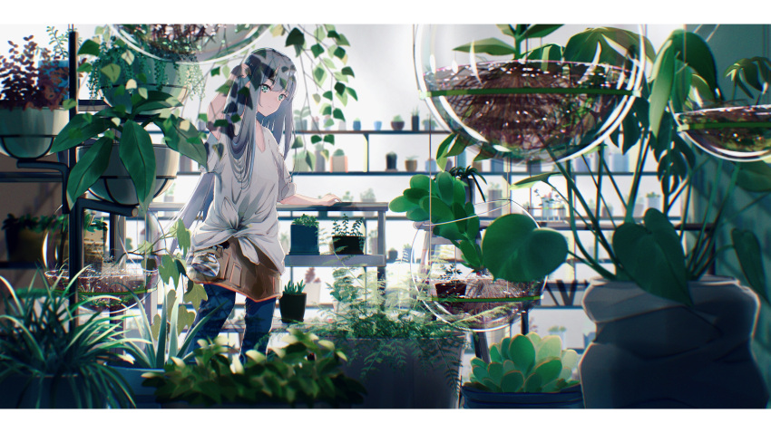 1girl absurdres arm_up bangs blue_pants blurry blurry_background bottle closed_mouth commentary eyebrows_visible_through_hair feet_out_of_frame glass green_eyes grey_hair hanging_plant highres indoors leaf long_hair looking_at_viewer original pants plant potted_plant shirt solo spray_bottle standing tied_shirt water white_shirt wide_shot wide_sleeves x_x_fry