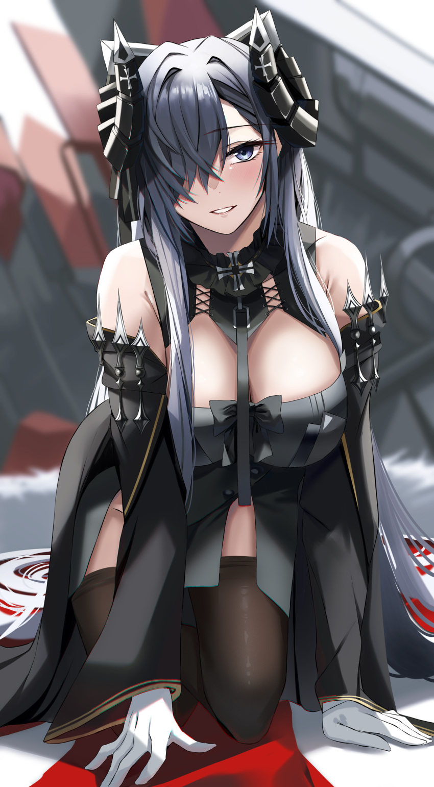1girl all_fours august_von_parseval_(azur_lane) azur_lane bangs bare_shoulders black_legwear blurry blush breasts depth_of_field detached_sleeves eyebrows_visible_through_hair gloves grey_eyes grey_hair hair_over_one_eye highres horns large_breasts long_sleeves looking_at_viewer nicky_w one_eye_covered parted_lips smile solo thigh-highs white_gloves