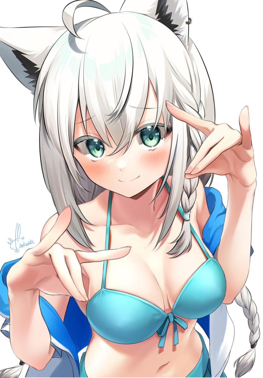 1girl ahoge animal_ears aqua_bikini aqua_skirt bangs bare_shoulders bikini blue_jacket blush braid closed_mouth collarbone commentary_request ear_piercing eyebrows_visible_through_hair fox_ears fox_girl fox_shadow_puppet front-tie_bikini front-tie_top green_eyes hair_between_eyes halter_top halterneck hands_up highres hololive jacket kito_koruta long_hair looking_at_viewer navel off_shoulder open_mouth piercing shirakami_fubuki short_sleeves silver_hair simple_background skirt smile solo stomach swimsuit upper_body very_long_hair virtual_youtuber white_background