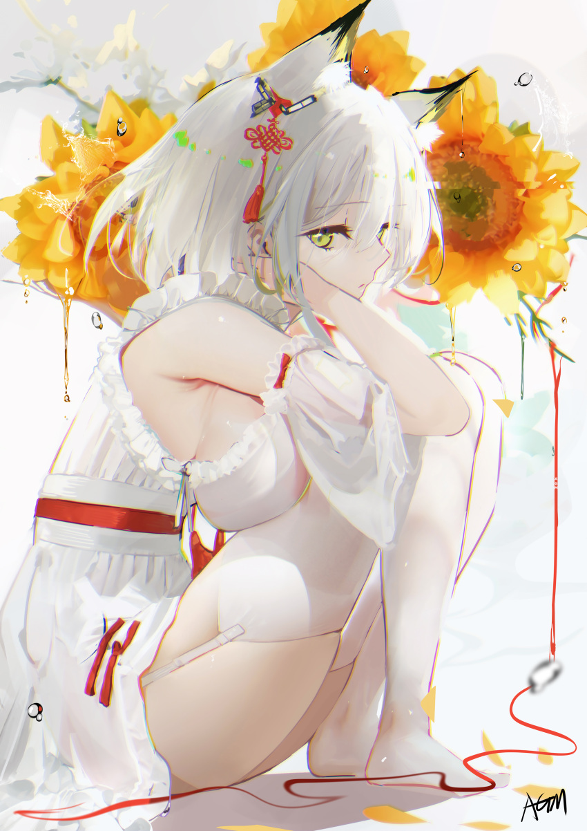 1girl absurdres animal_ears arknights bare_shoulders breasts commentary detached_sleeves dress extra_ears eyebrows_visible_through_hair flower frilled_dress frills garter_straps green_eyes hair_ornament hand_on_own_face highres kal'tsit_(arknights) large_breasts looking_at_viewer lynx_ears omone_hokoma_agm profile see-through_sleeves short_dress short_hair sidelocks signature sitting sleeveless sleeveless_dress solo thigh-highs thighs white_dress white_hair white_legwear