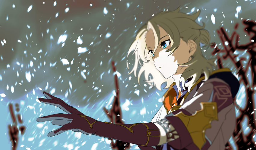 1boy absurdres albedo_(overlord) black_gloves blonde_hair blue_eyes blurry blurry_background closed_mouth commentary_request elbow_gloves from_side genshin_impact gloves hand_up highres jacket looking_away male_focus medium_hair short_ponytail snow snowing solo upper_body white_jacket yumu1059