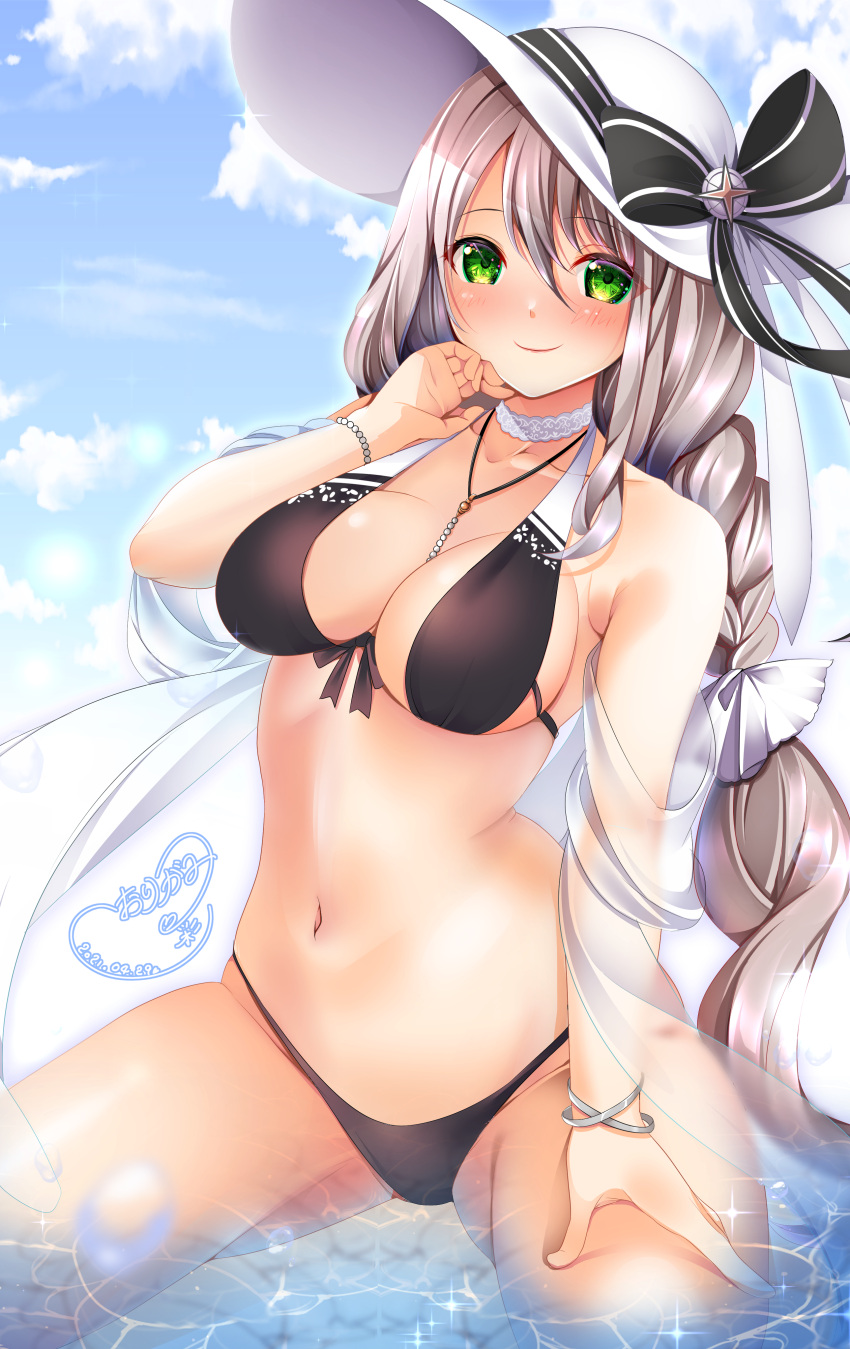 1girl 2021 absurdres aquila_(azur_lane) aquila_(sardegnian_shallows_and_sunshine)_(azur_lane) azur_lane bikini black_bikini black_ribbon blue_sky braid breasts center_opening choker clouds eyebrows_visible_through_hair green_eyes hair_between_eyes hair_ribbon halterneck hat hat_ribbon highres large_breasts long_hair looking_at_viewer official_alternate_costume origami_aya ribbon signature single_braid sky smile solo sun_hat swimsuit very_long_hair water white_choker white_headwear white_ribbon