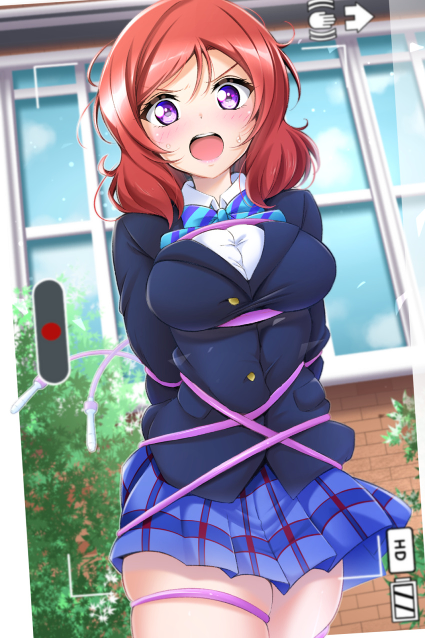 1girl arms_behind_back bdsm blue_neckwear blue_skirt blush bondage bound bow bowtie commentary_request highres kirisaki_reina long_hair love_live! love_live!_school_idol_project nishikino_maki open_mouth outdoors plaid plaid_skirt recording redhead restrained school_uniform skirt solo striped striped_neckwear tied_up violet_eyes