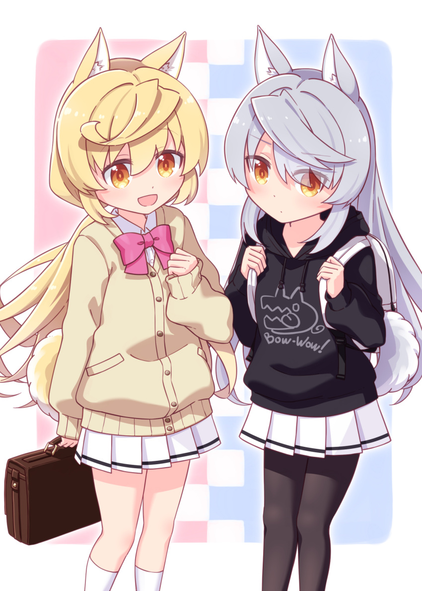 2girls :d animal_ear_fluff animal_ears backpack bag bangs black_hoodie black_legwear blonde_hair bow brown_cardigan brown_eyes cardigan closed_mouth collared_shirt commentary_request dog_ears dog_girl dog_tail dress_shirt eyes_visible_through_hair feet_out_of_frame grey_hair hair_between_eyes hair_over_one_eye hands_up highres holding_strap hood hood_down hoodie long_hair long_sleeves low_twintails multiple_girls open_mouth original pantyhose pink_bow pleated_skirt puffy_long_sleeves puffy_sleeves sansei_rain school_briefcase school_uniform shirt skirt sleeves_past_wrists smile socks tail twintails very_long_hair white_legwear white_shirt white_skirt