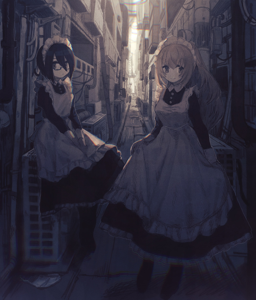 2girls absurdres air_conditioner alley apron black_hair blonde_hair building frilled_apron frills glasses highres long_hair long_sleeves maid maid_apron maid_headdress multiple_girls muted_color nonaprev original outdoors power_lines short_hair sitting skirt skirt_hold standing victorian_maid white_apron