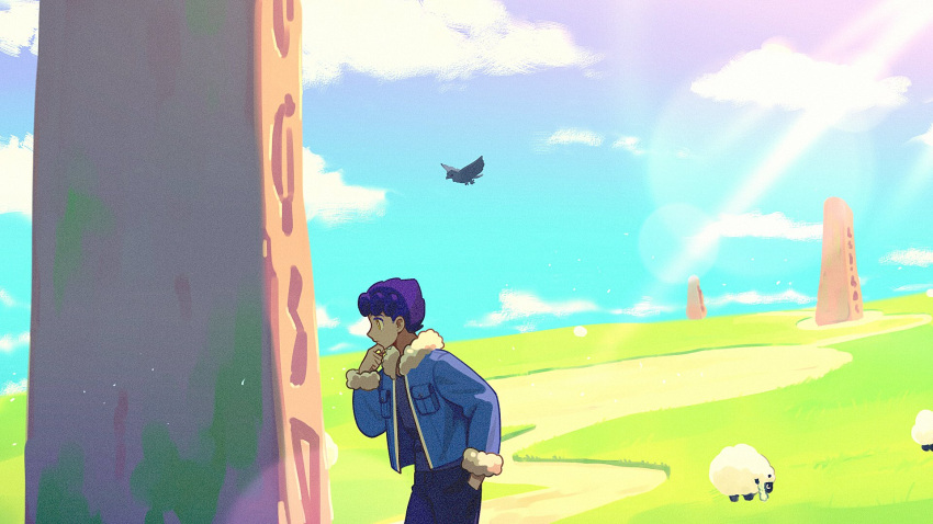 1boy bangs black_pants black_shirt blue_jacket chin_stroking clouds corviknight dark-skinned_male dark_skin day from_side fur-trimmed_jacket fur_trim gen_8_pokemon grass hand_in_pocket hand_up highres hop_(pokemon) jacket male_focus nuime_(nuishiron) outdoors pants pokemon pokemon_(creature) pokemon_(game) pokemon_swsh purple_hair shirt short_hair sky standing wooloo yellow_eyes