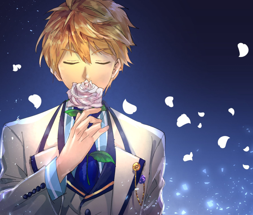 1boy arthur_pendragon_(fate) blonde_hair closed_eyes fate/prototype fate_(series) flower highres male_focus necktie petals rose sagta_panggang shirt solo striped striped_shirt tuxedo upper_body white_flower white_rose