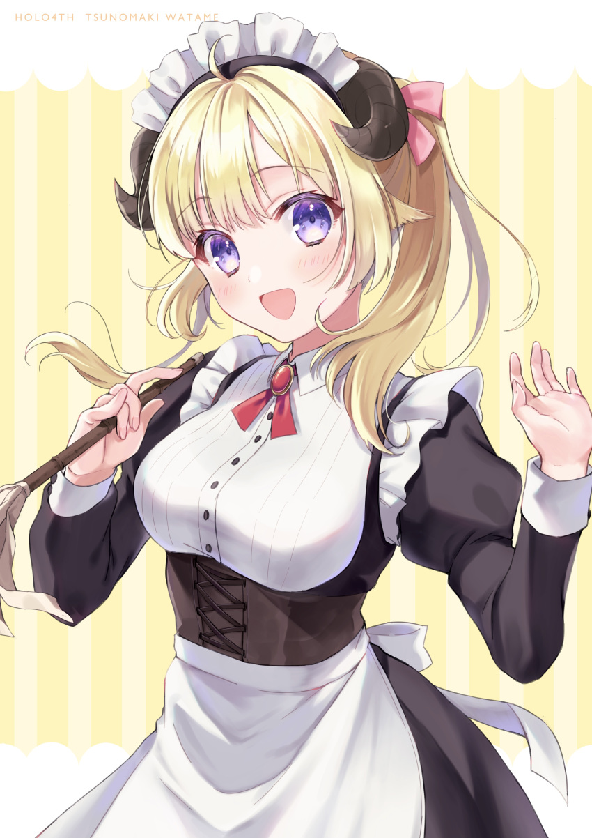 1girl :d absurdres alternate_costume animal_ears apron black_dress blonde_hair blush breasts corset dress duster enmaided frills highres hololive horns juliet_sleeves kabi_akaru large_breasts long_sleeves looking_at_viewer maid maid_headdress open_mouth puffy_sleeves sheep_ears sheep_girl sheep_horns short_hair side_ponytail smile solo tsunomaki_watame underbust victorian_maid violet_eyes virtual_youtuber w_arms waist_apron white_apron