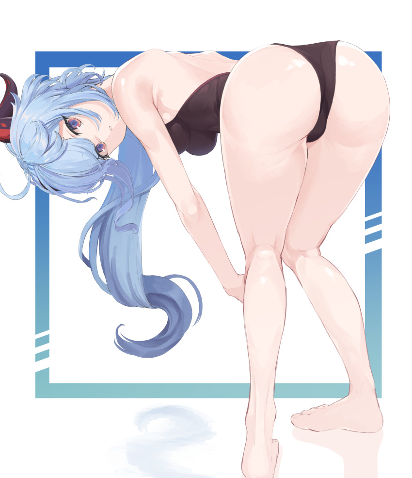 1girl absurdres ahoge ass bangs bare_shoulders bent_over blue_hair breasts diagonal_stripes eyebrows_visible_through_hair from_behind full_body ganyu_(genshin_impact) genshin_impact highres horns kneepits long_hair looking_at_viewer one-piece_swimsuit solo strigidae striped swimsuit violet_eyes