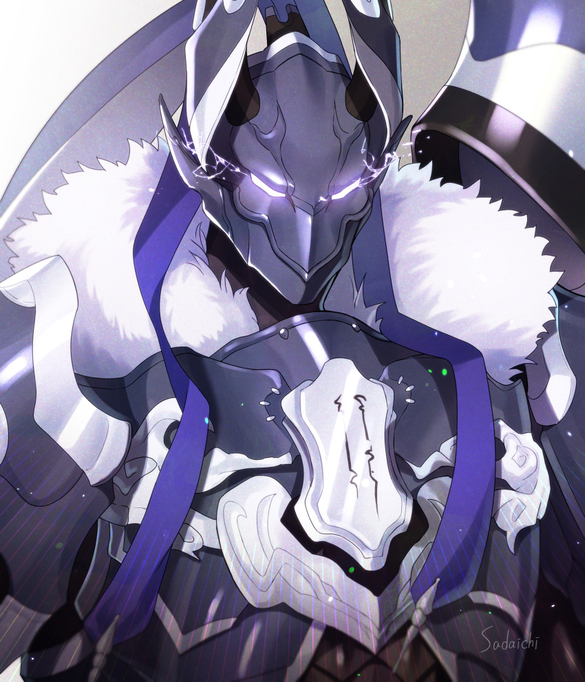 absurdres armor black_armor bushinoko_2307 fate/grand_order fate_(series) full_armor fur_collar grey_background helmet highres looking_at_viewer minamoto_no_tametomo_(fate) signature upper_body white_eyes