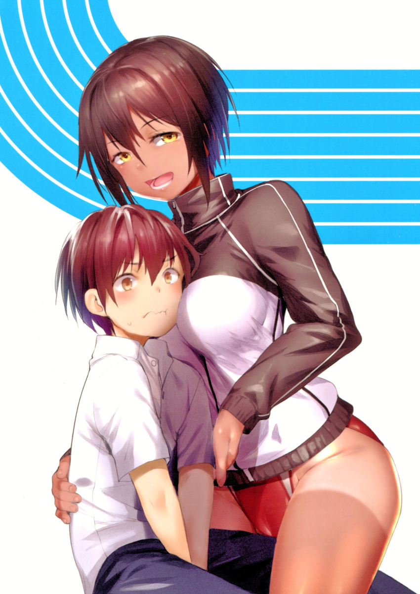 1boy 1girl :t absurdres age_difference blush brown_hair color_halftone dark-skinned_female dark_skin embarrassed face_to_breasts highres jacket karochii looking_at_viewer megami_no_sprinter nervous scan short_hair shorts_tan shy tan tanlines track_jacket wavy_mouth white_background